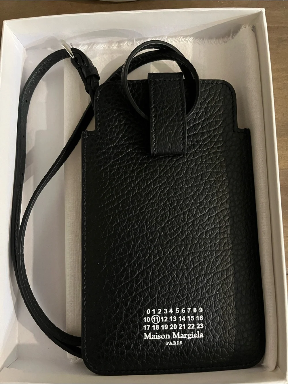 Maison Martin Margiela Black Pebbled Leather Crossbody Phone Pouch